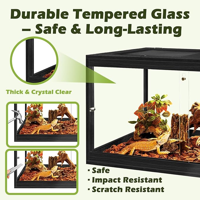 PROLEE Reptile Tank, 31 Gallon Beard Dragon Tank, Tempered Glass Reptile Encloure and Snake Tank with Locking Design for Lizard,Gecko,Chameleon (24"X15.5"X15.5",Black)
