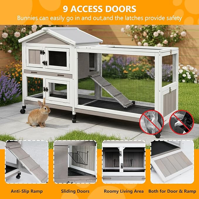 Gowoodhut Outdoor Rabbit Hutch Indoor Bunny Hutch 2 Story Weatherproof Bunny Cage with 6 Wheels, 3 Seperate Pull Out Trays, Safe Metal Run, Wooden Pet House for 1-3 Guinea Pigs, Hamster