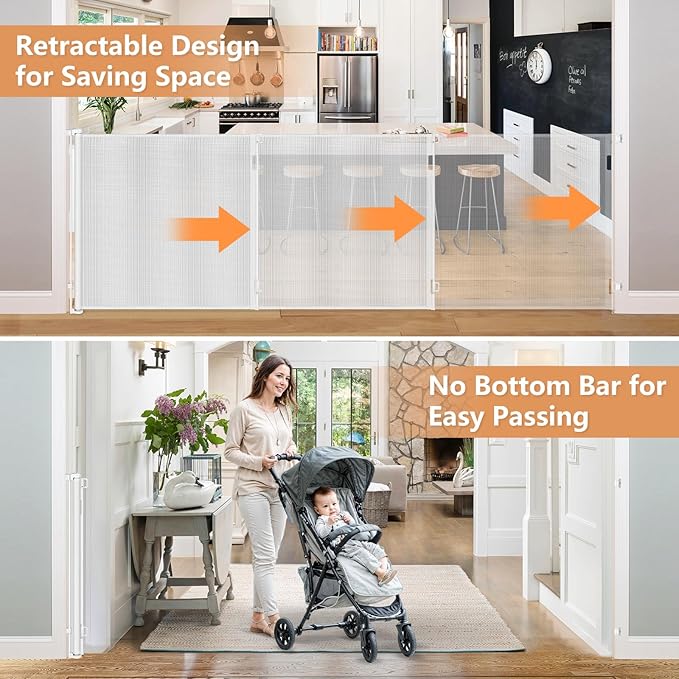 48” Tall 145” Extra Wide Baby Gate Tall Dog Gates for Doorways Retractable Baby Gates for Dogs Mesh Baby Gate Retractable Dog Gate Outdoor Extra Tall Pet Gate Extra Long Baby Gate Adjustable White