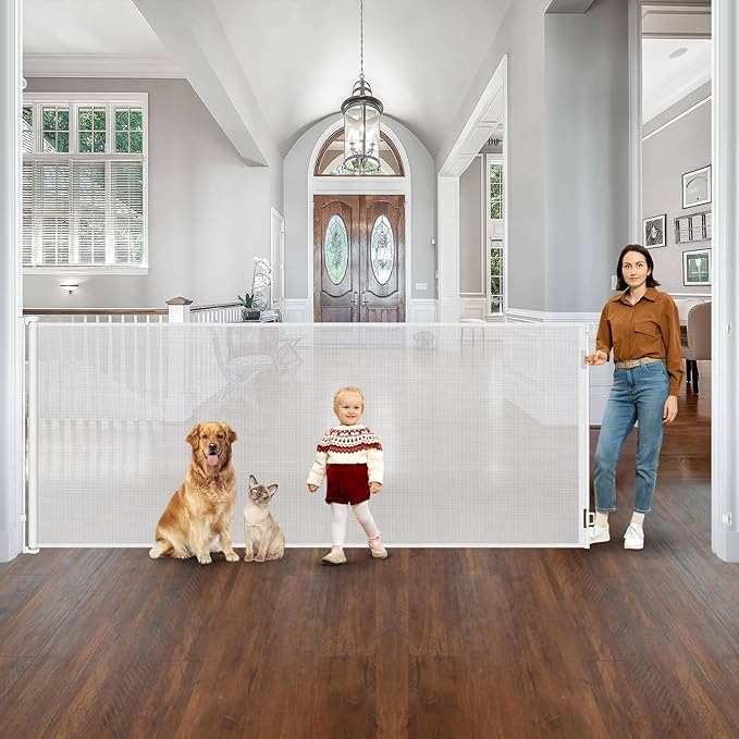 48” Tall 145” Extra Wide Baby Gate Tall Dog Gates for Doorways Retractable Baby Gates for Dogs Mesh Baby Gate Retractable Dog Gate Outdoor Extra Tall Pet Gate Extra Long Baby Gate Adjustable White