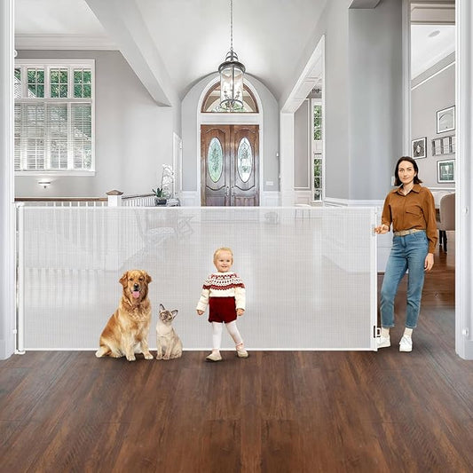 48” Tall 145” Extra Wide Baby Gate Tall Dog Gates for Doorways Retractable Baby Gates for Dogs Mesh Baby Gate Retractable Dog Gate Outdoor Extra Tall Pet Gate Extra Long Baby Gate Adjustable White