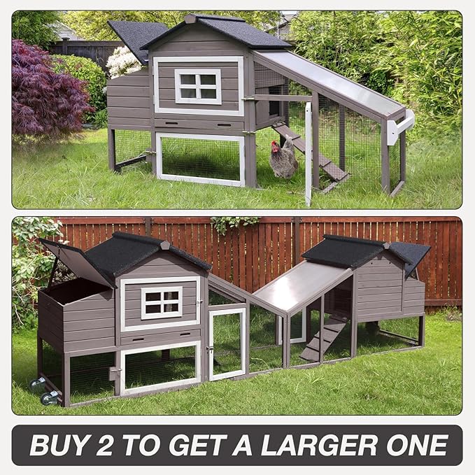 Wooden Chicken Coop with Run, Mobile Chicken House with Wheels, Outdoor Hen Poultry Cage with Leak-Proof Tray and Nesting Box, Lager Chicken Coops with UV-Resistant Roof for 2-3 Chickens (Brown