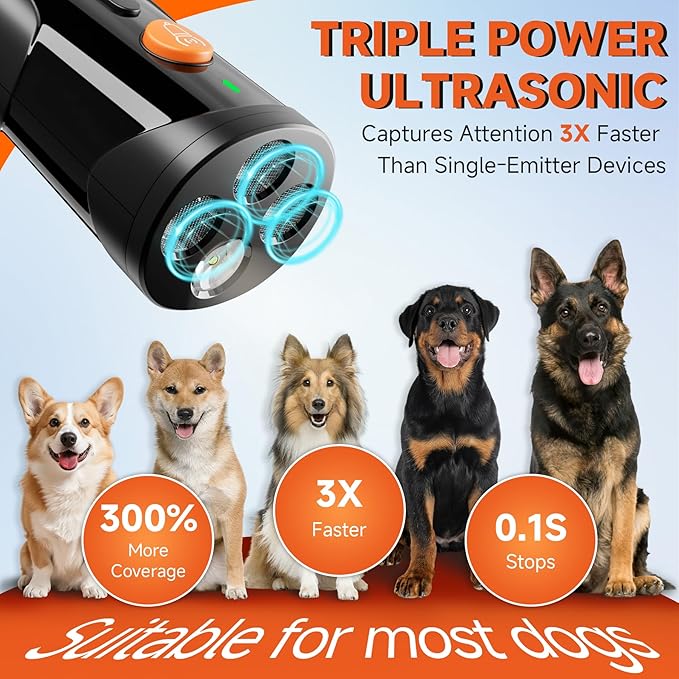 URCHIN Dog Bark Deterrent Device, 3X Ultrasonic Anti Barking Device 6 Modes Dog Trainer Rechargeable & Portable Safe Bark Control Indoor Outdoor for All Dogs with LED Flashlight - Black