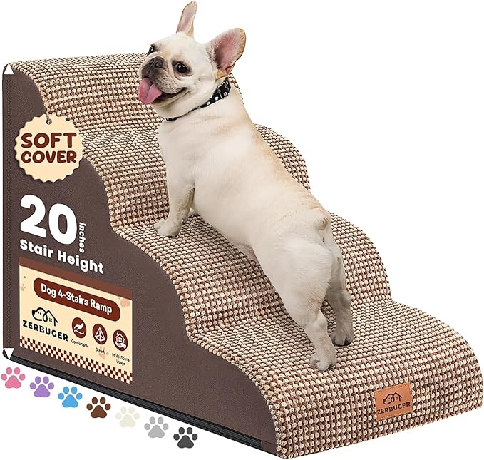 Zerbuger Dog Ramp and Stair for Bed 16" H-20 H,3-Step Cat Stair for Sofa and Chair,4-Step Dog Ramp for High Bed and Window,Durable Nonslip Fabric Cover for Indoor (Coffee-20 H, Pet Friendly, 4)