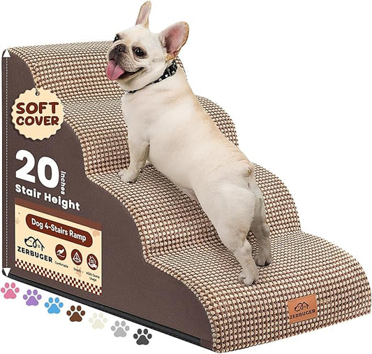 Zerbuger Dog Ramp and Stair for Bed 16" H-20 H,3-Step Cat Stair for Sofa and Chair,4-Step Dog Ramp for High Bed and Window,Durable Nonslip Fabric Cover for Indoor (Coffee-20 H, Pet Friendly, 4)