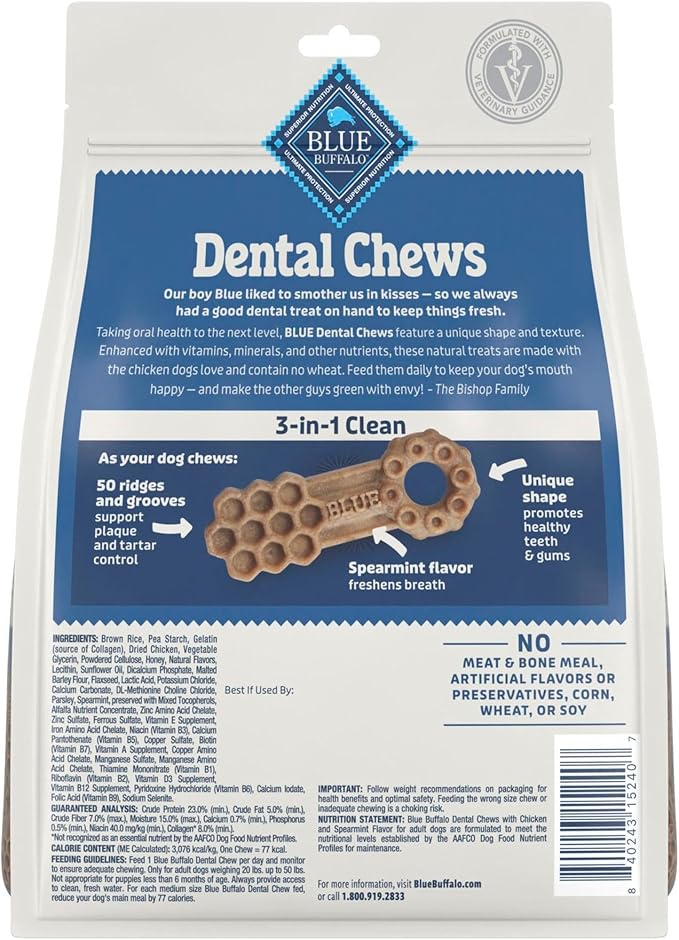 Blue Buffalo Medium Dental Chews for Dogs, Daily Dental Care Dog Treats Made in The USA with Natural Ingredients, Chicken & Spearmint (14 Count) (Pack of 4)