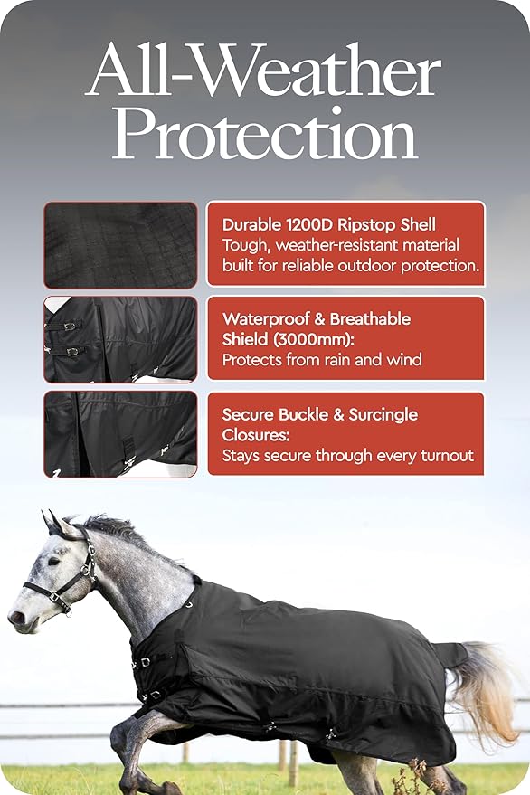 HORZE Nevada Medium Weight 1200D Waterproof Horse Turnout Blanket (200g Fill) - Black - 66 in