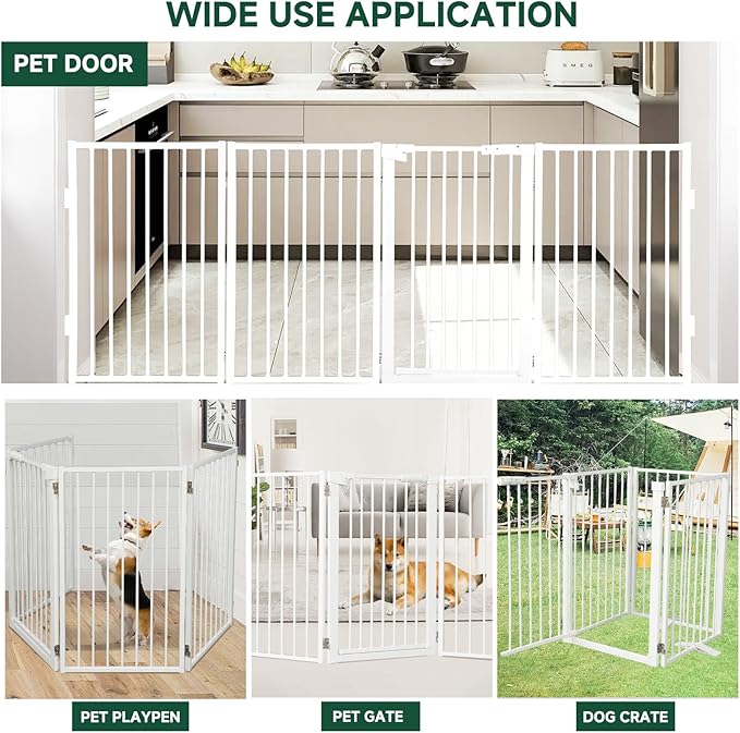 Snagle Paw Metal Freestanding Dog Gate with Door, 80” W x 32” H Dog Fence with Support Feet for Doorways, Stairs and Hallways, Portable Pet Gate for Indoor Use (4 Panel, White)