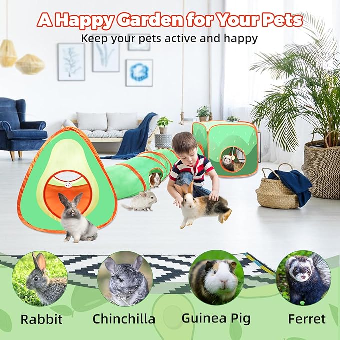 YUEPET Rabbit Tunnel and Cube Collapsible Tent Bunny Interactive Crinkle Tunnel Toys Small Animal Hideout with Play Ball for Dwarf Rabbit Bunny Guinea Pig (Avocado)