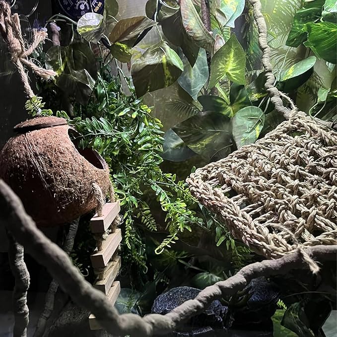 5PCS Coconut Hut for Gecko, Lizard Coco Den with Ladder and Reptile Hammock Bearded Dragon Tank Accessories Climbing Hanging Plants Jungle Vine Flexible Reptile Leaves Decor