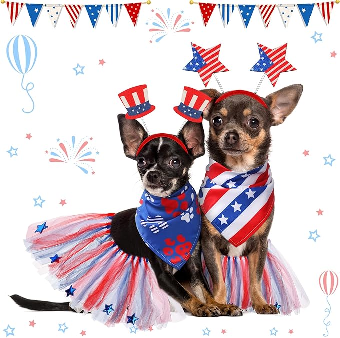 Silkfly 6 Pieces 4th of July Dog Costume Accessories Includes 4th of July Dog Bandanas Puppy Tulle Tutu and Dog Patriotic Headbands for Dogs Independence Day Fourth Apparel Accessories
