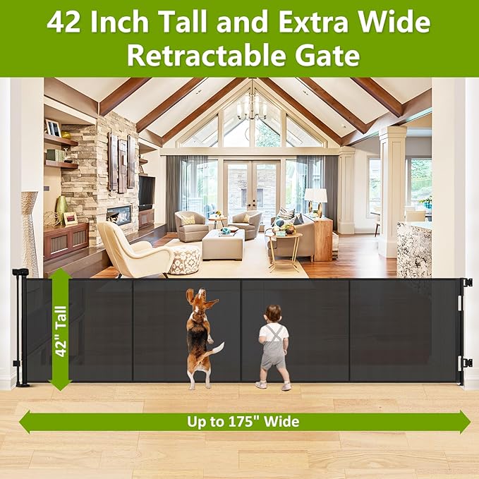 Reinforced 42" Tall Retractable Baby Gates Extra Wide Dog Gate with Support Rods - Prevent Crawling Under, 175" Extra Long Baby Gate Tall Dog Gate Indoor Retractable Fence Outdoor Garage Gate, Black
