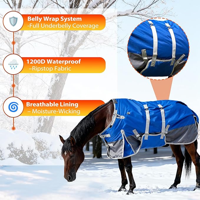 Winter Horse Blanket with Belly Band – Horse Blankets for Real Horses – Medium Weight Turnout Blanket - 1200D 260g - Blue-Grey – 81"