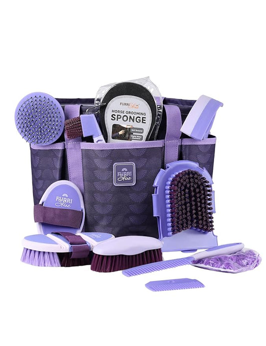 Horse Grooming Kit, 11-Piece Complete Grooming Supplies Set with Curry Comb, Brushes & Hoof Pick for Daily Care, Stable & Show Use Sugar Taro
