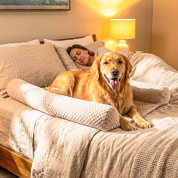 DenMate - On-Bed Dog Bed for Medium/Large Dogs (26x40), Stabilizing 100% Cotton Bolsters for Night Movement, Improves Comfort & Sleep for Dogs & Owners, Machine Washable Pet Mattress (Cream/Brown)
