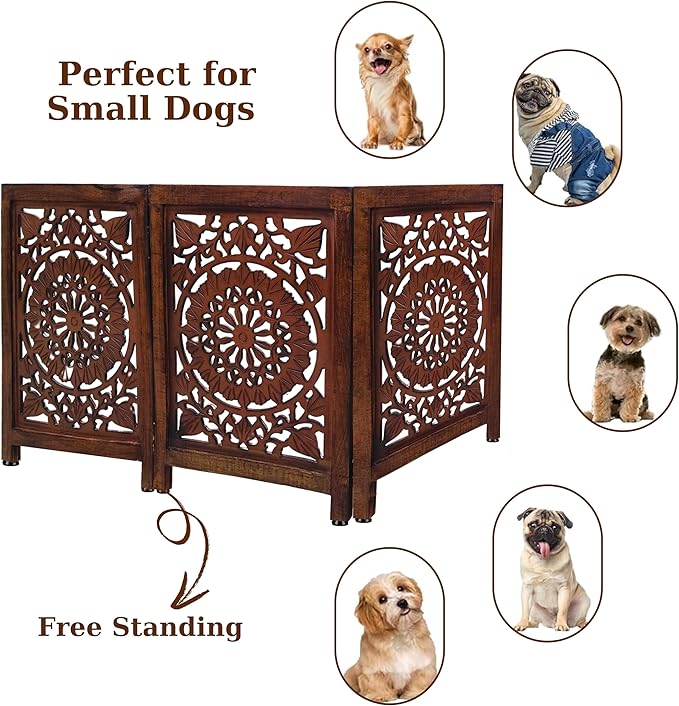 Lightnpro Carved Wooden Dog Gate - Extra-Wide Freestanding Foldable Indoor Pet Barrier, Decorative Safety Gate for Dogs & Puppies, Perfect for Stairs, Doorways & Hallways - 24x54 Inch Natural Burnt