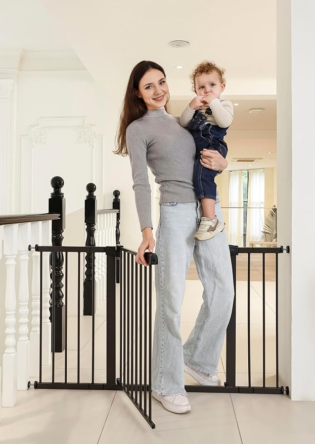 53.46"-55.63" Baby and Pet Safety Gate, 30" Tall Metal Walk-Thru Gate for Doorways & Stairs, Easy One-Hand Open, Dual Lock, Extensions & Wall Mounts Included (Brown, 29"-54" W x 30.5“H)