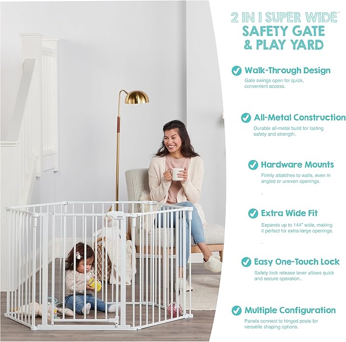 Regalo Safety 144" Super Wide Baby Gate & Play Yard, 2-in-1 Adjustable 6-Panel Safety Gate for Doorways & Large Openings, Hardware Mounted Gate for Babies, Toddlers & Pets