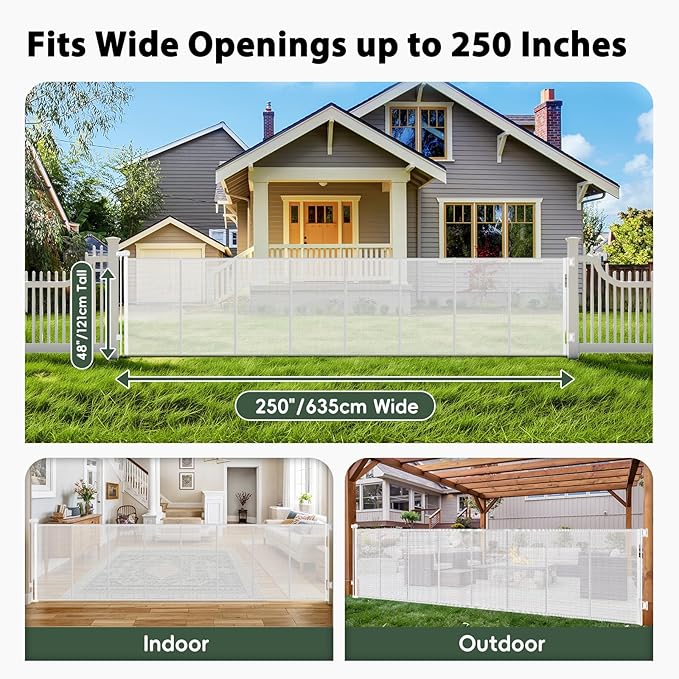 250" Extra Wide Retractable Dog Gate, Reinforced 20ft Retractable Baby Gates Extra Wide Dog Gate, 48" Extra Tall Baby Gate Retractable Outdoor Fence, Extra Long Pet Gate Retractable Gate Indoor, White
