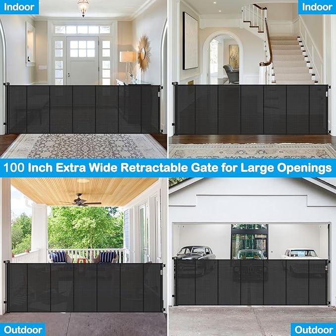 Reinforced Bottom 42" Extra Tall x 100" Extra Wide Retractable Baby/Pet Gate - Black Mesh - Wall Mount - Suitable for Babies, Dogs, Cats (6-24 months) - HH-A126