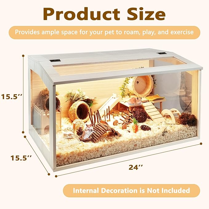 PROLEE Hamster Cage with Chewproof Wood Top, Guinea Pig Cages, Hamster Habitat with Clear Acrylic Sheets Solid Built, Small Animal Cage (Oak, 24X15.5X15.5 inch)