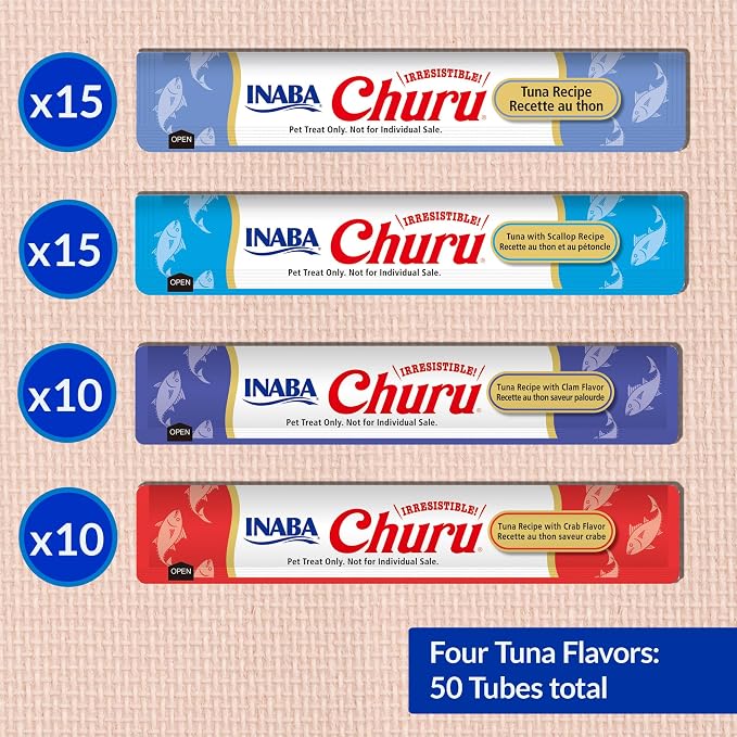 INABA Churu Cat Treats, Lickable, Squeezable Creamy Purée Cat Treat with Green Tea Extract & Taurine, 0.5 Ounces Each Tube, 50 Tubes, Tuna & Seafood Variety - Image 7