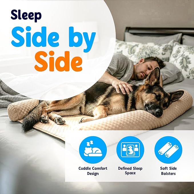 DenMate - On-Bed Dog Bed for Medium/Large Dogs (26x40), Stabilizing 100% Cotton Bolsters for Night Movement, Improves Comfort & Sleep for Dogs & Owners, Machine Washable Pet Mattress (Cream/Brown)