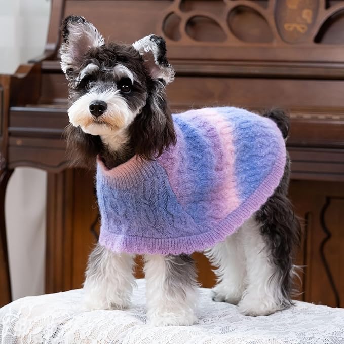 Rainbow Mohair Dog Poncho, Cold Weather Cable Dog Sweater for Small Dogs, Classic Turtleneck Thick Puppy Clothes with Leash Hole DS93XL