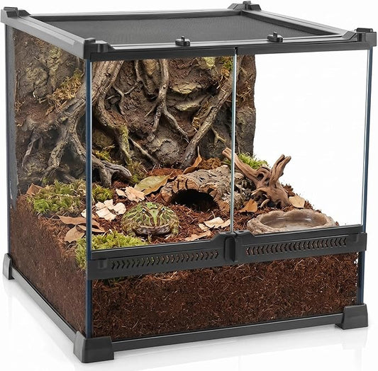 Mini Reptile Glass Terrarium 12"x12"x12" Durable Reptile Habitat Tank with Heat Resistant Aluminum Alloy Frame, Double Swinging Doors with no Jam by Sand and Other Debris
