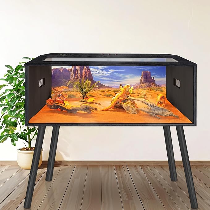 Prolee 80 Gallon Reptile Tank, Tempered Glass Bearded Dragon Tank with Wooden Roof and Lockable Doors, Large Lizard Habitat with Built-in Lamp Fixture for Snakes, Iguanas, Chameleons (Black)