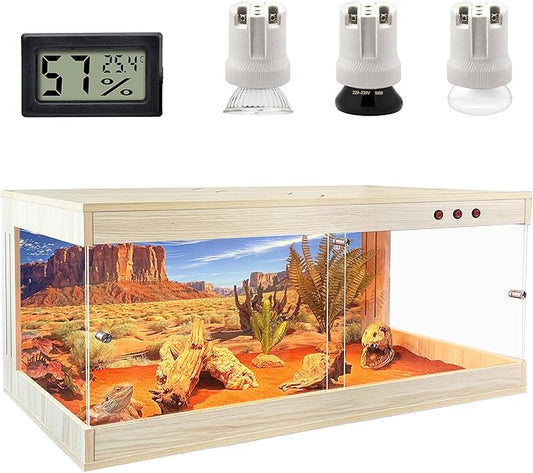 ROYXEN Reptile Tank, 81 Gallons Reptile Enclosure with Lockable Design, Tempered Glass Bearded Dragon Tank for Lizard Habitat, Soild Wood Built-in Sockets (Oak, 47.5"x19.5"x19.5")