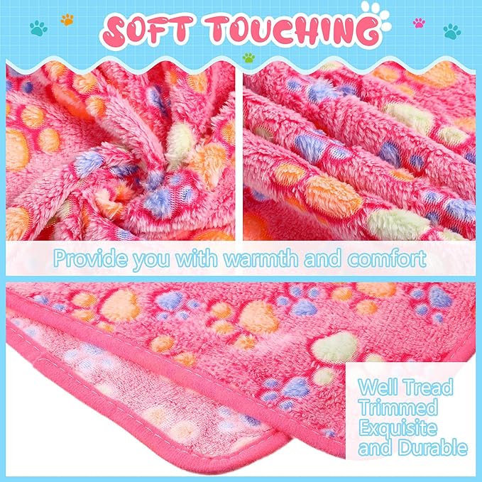 Tatuo 4 Pcs Dog Blanket for Pet Cat Blankets Indoor Puppy Teething Stuff Toys Paw Print Fleece Blanket Warm Sleep Mat for Guinea Pig Cage(Pink,Medium(30 x 20.5 Inch),Square)
