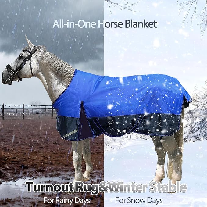 300g Fill 1200D Mid-Heavy Weight Winter Waterproof and Breathable Horse Blanket Belly Straps| Turnout Blankets with Reflective Strips (Dark Blue, 81'')