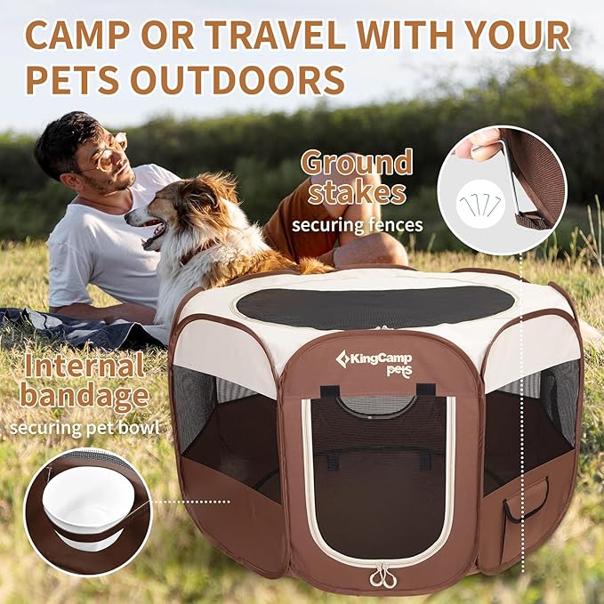 KingCamp Dog Playpen, Portable Foldable Cat Kitten Puppy Tent Crates 29"/36"/50" Pop Up Pet Playpen with Zippered Bottom & Cover for Indoor Outdoor Use (Medium, Khaki)
