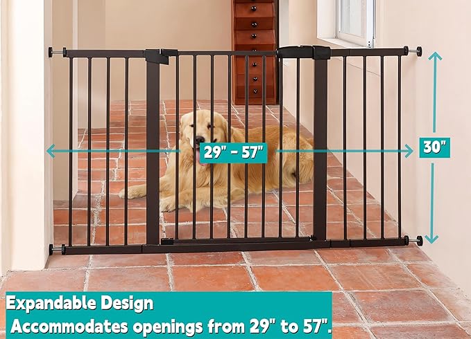 55.98"-58.15" Baby and Pet Safety Gate, 30" Tall Metal Walk-Thru Gate for Doorways & Stairs, Easy One-Hand Open, Dual Lock, Extensions & Wall Mounts Included (Brown, 29"-57" W x 30.5“H)