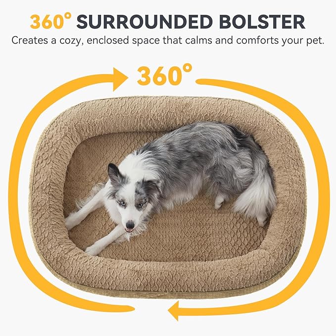 JOEJOY Orthopedic Dog Beds Large Sized Dog, XL Egg-Crate Memory Foam Pet Couch Bed with Bolster Sides, Waterproof Lining, Removable Washable Cover & Non-Slip Bottom, Light Brown
