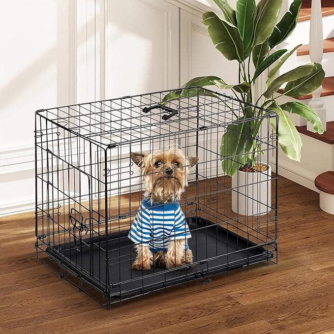 DUMOS Dog Crate, 24 Inch Small Single Door Dog Cage with Plastic Leak-Proof Pan Tray, Folding Metal Wire Pet Kennel for Indoor, Outdoor, Travel
