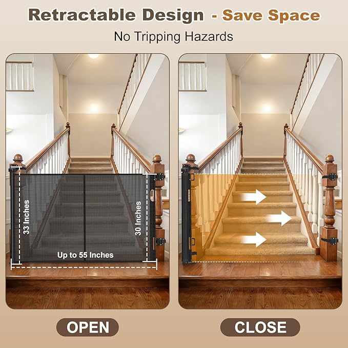 Upgraded Retractable Baby Gates for Stairs & Banister, Mesh Dog Gate Indoor, Extends to 55" Wide 33" Tall, Child Safety Gate for Stairway, Banister & Wall Mount (Black)