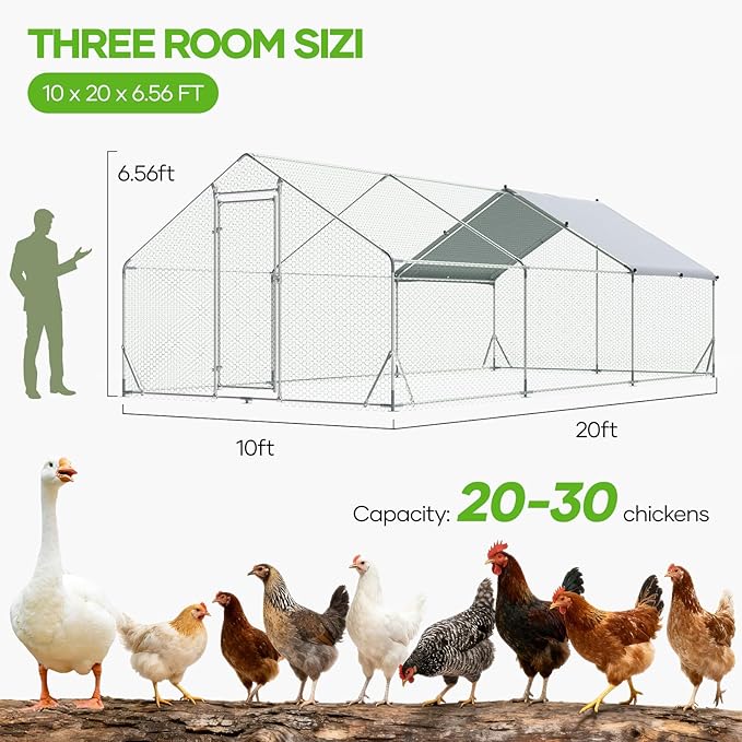 Assark Large Metal Chicken Coop,10x20 FT Walk in Chicken Runs with Cover for 30 Chickens,Hen House Enclosure with Security Lock, Outdoor Duck Rabbit Cage Poultry Pens for Backyard,Farm,Yard