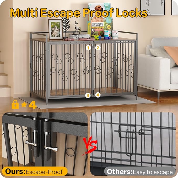 Medium Dog Crate Furniture Style, 42/48 inch Dog Crates for Medium Large Dogs, Indoor Decorative Wood Dog Crate Table with Storage Shelf, Unique Round Sturdy Pet Dog Kennel Indoor Furniture
