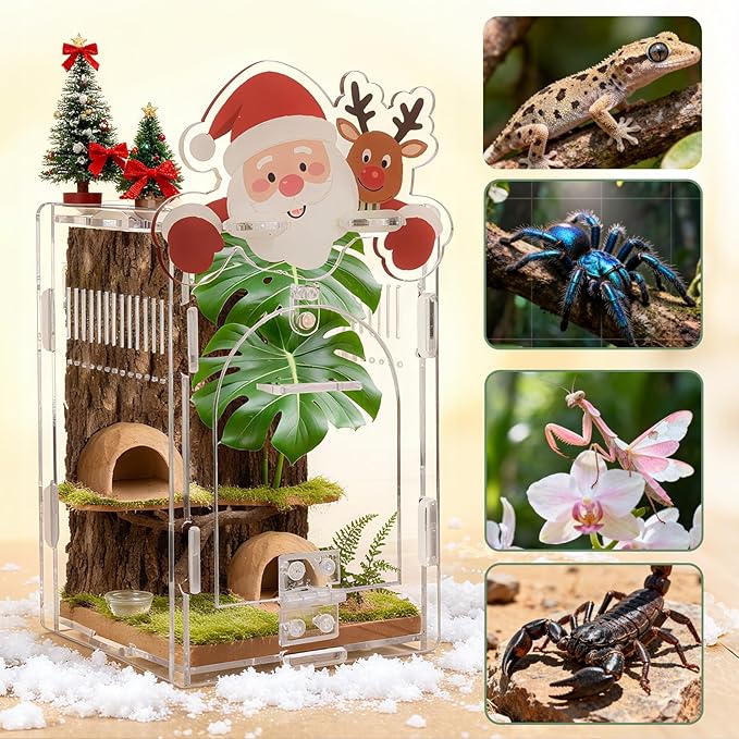 Santa Claus Jumping Spider Enclosure, Magnetic Acrylic Habitat Terrarium with Secure Doors, 4x4x6.3 Inch Small Desktop Decor Gift for Spider, Mantis, Beetles