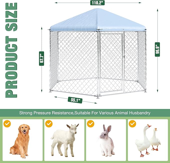 Large Dog Kennel Outside,Outdoor Dog Kennel with Roof,Large Dog Cage with Steel Fence Secure Lock for Garden/Yard (9.3X9.3X8.1 FT)