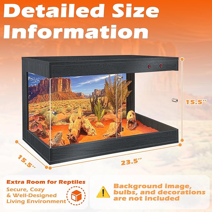 ROYXEN Reptile Tank, 30 Gallons Reptile Enclosure with Lockable Design, Tempered Glass Bearded Dragon Tank for Lizard Habitat, Soild Wood Built-in Sockets (Black, 23.5"x15.5"x15.5")