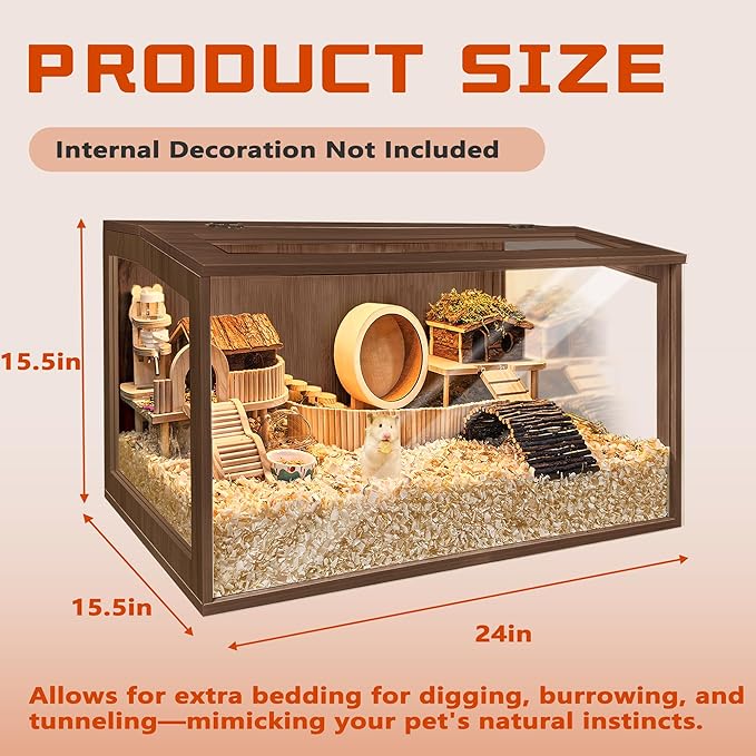 PROLEE Hamster Cage with Chewproof Wood Top, Guinea Pig Cages, Hamster Habitat with Clear Acrylic Sheets Solid Built, Small Animal Cage (Walnut, 24X15.5X15.5 inch)