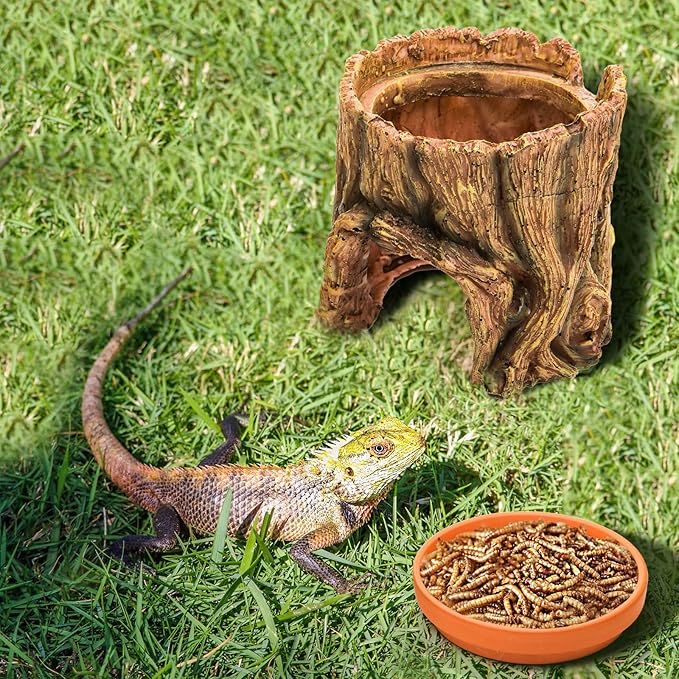 Cididu Reptile Hide Cave Resin, 2 in 1 Reptile Hideout Cave and Food Tray, Reptile Shelter with Detachable Food Bowl, Leopard Gecko Keeper Habitat Help Shedding for Amphibian, Snake, Lizard, Turtle