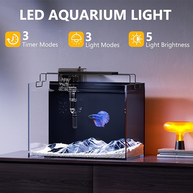 5 Gallon Fish Tank Aquarium Kit with Heater, HOB Filter, LED Light with Timer, Lid, Siphon Vacuum Cleaner, Self Cleaning Glass Rimless Betta Tank