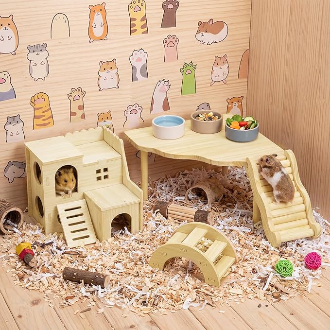 BreezeHug 4 Pcs Hamster Platform Hideout Wooden Tunnel Ladder Playhouse Hamster Game Climbing Toy with Platform Cage Accessories for Small Pets Dwarf Syrian Mice Degus Gerbils Squirrel(Villa)