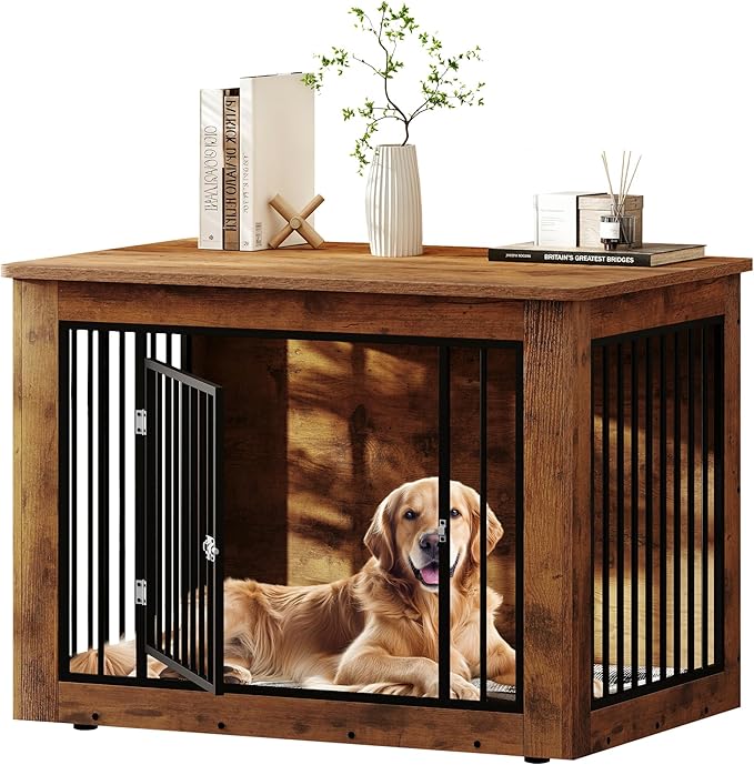 DWVO Dog Crate Furniture, 38 Inch Dog Kennel Indoor Furniture End Table for Dogs, Farmhouse Decorative Wooden Cage, Chew-Resistant, Rustic Brown