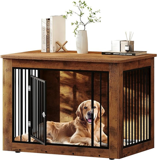 DWVO Dog Crate Furniture, 38 Inch Dog Kennel Indoor Furniture End Table for Dogs, Farmhouse Decorative Wooden Cage, Chew-Resistant, Rustic Brown