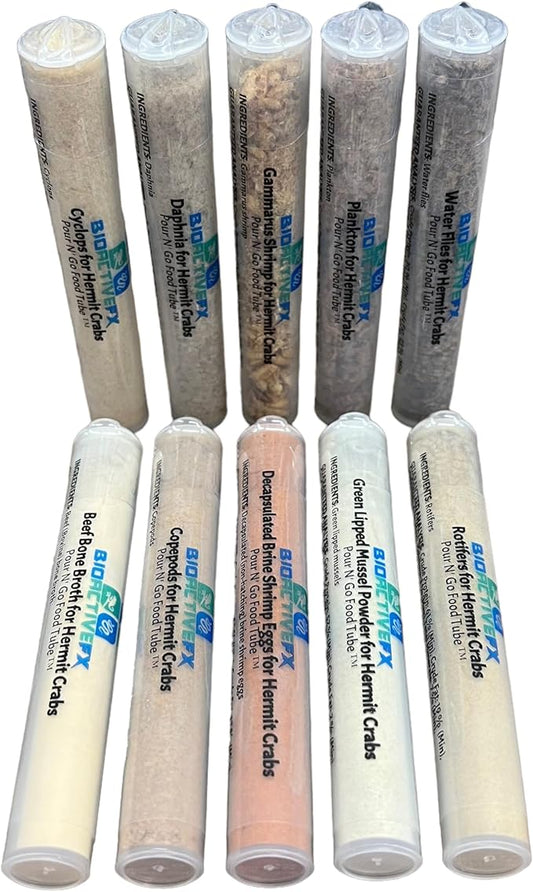 Hermit Crab Food Variety Packs - Natural Multi-Mix and Treat Blend for Pet Hermit Crabs, Pour N’ Go Food Tube ™, Lab-Tested for Quality & Safety (10 Pack Protein)